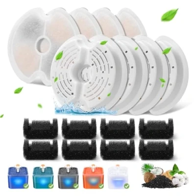 Image de Filtre Fontaine Eau Chat, 8 pièces de Rechange pour Chat 67oz/2L avec éclairage Nocturne LED, Filtres Charbon Actif &amp; en Mousse 2L Chien