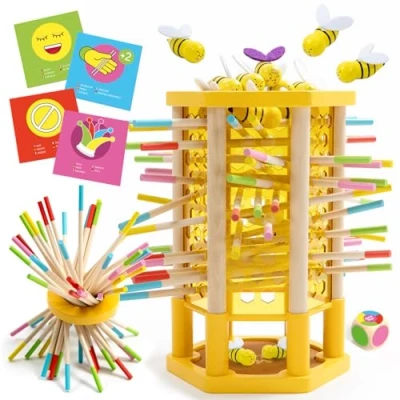 Image de Nene Toys BeeFall, Jouet Montessori 4 en 1 pour Enfants de 3 à 9 Ans Jeu Éducatif Bois avec Colonie d&#039;Abeilles, 12 Abeilles, Bâtonnets Colorés, Dés et Cartes Familial Le Développement