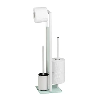 Image de WENKO Combiné WC Rivalta 3 en 1 Brosse et Dérouleur Papier Toilette Stockage Tête de remplaçable Acier INOX Blanc Verre trempé 18x70x23 cm