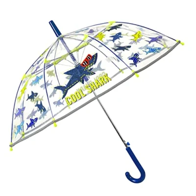 Image de Cool Kids Shark parapluie pour enfants avec motif de requin, réfléchissant, transparent, résistant au vent, à ouverture automatique et armature stable en fibre verre