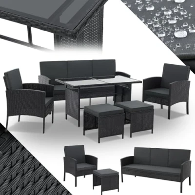 Image de Juskys Salon de Jardin en rotin synthétique Turin Ensemble 6 pièces 7 Personnes Meubles d&#039;extérieur avec fauteuils, Table &amp; Coussins Noir