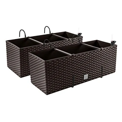 Image de Lot de 2 pots fleurs, aspect rotin, avec supports fixation, indicateur niveau d&#039;eau, convient au balcon