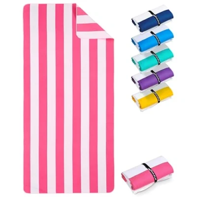 Image de Fit Flip Serviette de Plage Microfibre Fine et légère à séchage Rapide Drap XXL 100% recyclée rayé Rose Blanc 160cm x 90cm