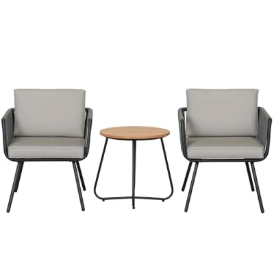 Image de Outsunny Ensemble de Jardin Salon en résine tressée 3 pièces Cadre Acier 2 fauteuils + 1 Table Basse Coussins Inclus Gris