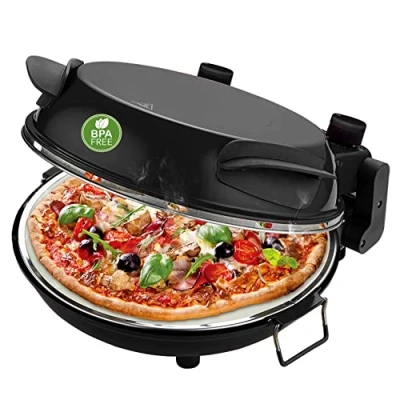 Image de Emerio PM 129032.2 Four à pizza, plaque en pierre réfractaire, cuit des pizzas peu de temps (également pour pizza TK), diamètre : 31,5 cm, 1200 W, minuterie, sans BPA, pelle acier