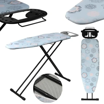 Image de KADAX Table à Repasser 120 x 38 cm, Planche Pliable avec Housse en Coton, Support pour Fer, Pieds Antidérapants et Hauteur Réglable (Bleu)