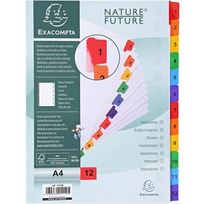 Image de Exacompta Réf. 1112E Intercalaires en carte blanche 160g/m2 FSC® avec 12 onglets imprimés numériques de 1 à couleur Page d&#039;indexation imprimable Format classer A4 Dimensions 22,5x29,7 cm