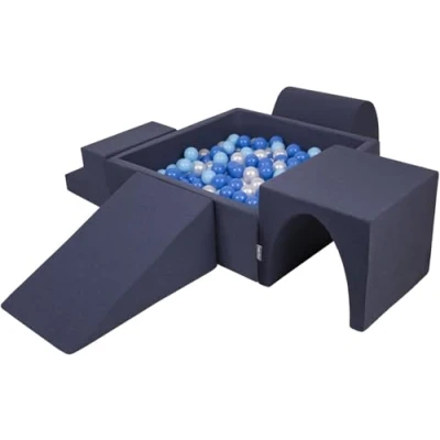 Image de KiddyMoon Aire De Jeux en Mousse avec Carré Piscine À Balles (200 Balles) pour Enfants, Bleu Foncé:Babyblue/Bleu/Perle