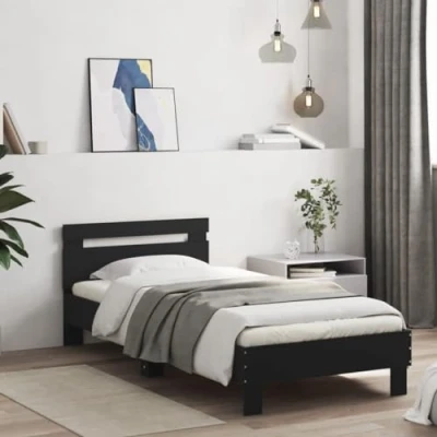 Image de vidaXL Cadre de Lit avec Tête et Lumières LED, Simple Sommier à Lattes, Adulte, Meuble Chambre, Moderne, Noir 90x200 cm