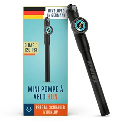 Image de Alphatrail Mini Pompe à vélo Ron pour Toutes Les valves 8,3 Bar / 120 PSI Pression maximale I Grand Manomètre (Ø32mm) Tuyau Extensible de 15cm Presta, Schrader et DV