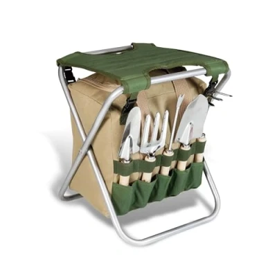 Image de BIKAIN Tabouret de Jardin Pliable Ensemble d&#039;outils Sac Rangement avec Fermeture éclair Comprend 5 Outils télécommande en Bois