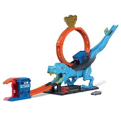 Image de Hot Wheels City Coffret L’Attaque du T Rex avec 1 Voiture, Course à Travers Un Grand looping pour vaincre Le Rex, Circuit Cascade et Course, Jouet Enfant, Dès 4 Ans, HNP77