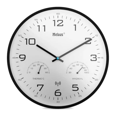 Image de Mebus Horloge Murale Radio pilotée Moderne avec Affichage de la température et l&#039;humidité, 30 cm, pilotée, Salon, Cuisine/Modèle : 52840 / Couleur Noir