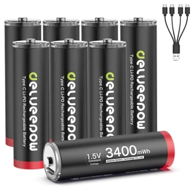 Image de Delyeepow Piles Rechargeables AA 1,5V Lithium 3400mWh de Haute capacité,Pile Rechargeable 1500 Cycle USB C 8