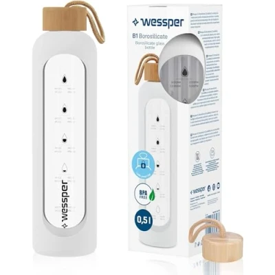 Image de Wessper Bouteille d&#039;eau en Verre, Verre 500ml, Borosilicate Gourde Motivation avec Bouchon Bambou et étui Silicone, Sans BPA Blanc