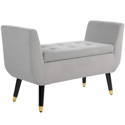 Image de HOMCOM Banquette de Luxe Banc rembourré avec Espace Rangement Accoudoirs Coffre Polyester velouté Bois Caoutchouc Gris Clair 107 x 42 65 cm