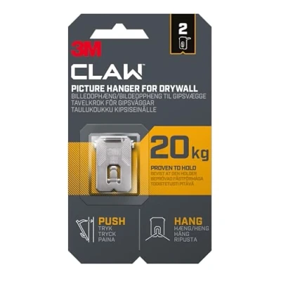 Image de 3M CLAW crochets pour accrocher des tableaux sur murs en plâtre, 2 Poids maximum testé jusqu&#039;à 20 kg Idéal fixer objets lourds, miroirs, décoration d&#039;intérieur, sans outils