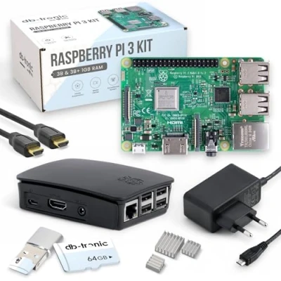 Image de Raspberry Pi 3 B Kit de démarrage Bloc d&#039;alimentation Boîtier carte SD 64 Go Câble HDMI 1 m Lecteur USB Dissipateur thermique RAM