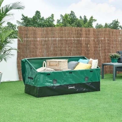 Image de casa.pro Boîte de Rangement d&#039;Extérieur Coffre Jardin Résistant avec Fentes d&#039;Aération Toit Incliné Poignées Capacité 560 L Acier Polyester 155 x 64 cm Vert Noir