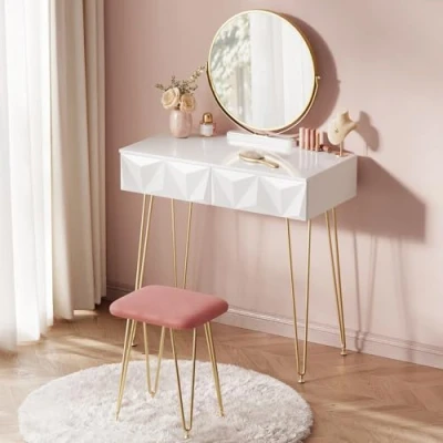 Image de EUGAD Coiffeuse Table avec Tabouret Velours et Miroir pivotant à 360,Table cosmétique 2 tiroirs Effet 3D,Blanc+Or 0042SZT