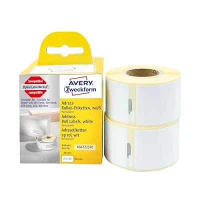 Image de AVERY Pack de 2 rouleaux 130 étiquettes autocollantes (total 260 étiquettes), Format 89 x 28 mm, Idéales pour imprimer une adresse, Adhésif permanent, (AS0722370)