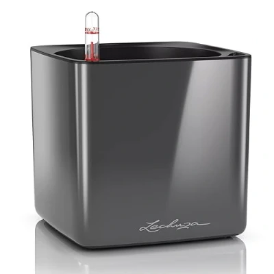 Image de Lechuza Pot de Fleurs d&#039;Interieur Cube Glossy Réserve d&#039;Eau Intégrée Coloris Anthracite 17 x 16 cm