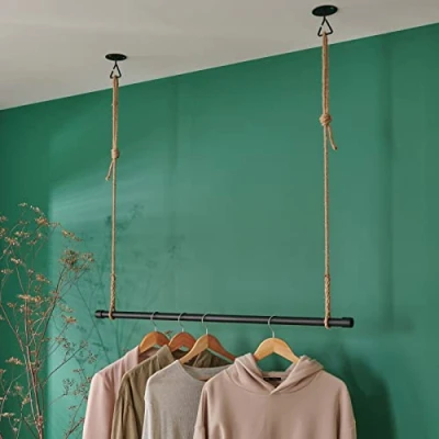 Image de MOB IN Kit penderie Suspendue Industriel Barre Portant Dressing sous Plafond avec Corde et Crochet 1 m Lexy