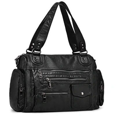 Image de VINBAGGE Sac à Main pour Femme en Cuir Souple lavé avec Multi Poches bandouliere élégant et spacieux portés Fourre Tout Cabs,Noir