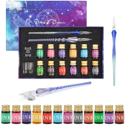 Image de Belle Vous Kit Calligraphie 16 Pièces 2 Stylos Plume en Verre Calligraphie, Porte Stylos, Bouteilles d’Encre &amp; Flacon Vide Ensemble Debutant Adulte 12 Encres Couleurs Variées 7 ml