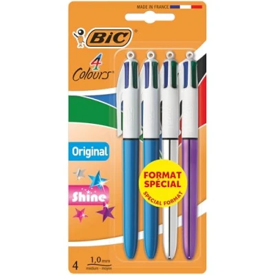 Image de Bic Original &amp; Shine Lot de 4 stylos à bille rétractables tout en un couleurs d&#039;encre Pointe moyenne 1 mm
