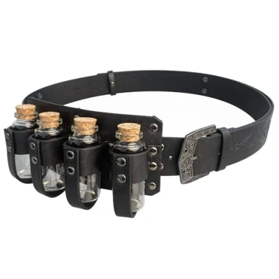 Image de HiiFeuer Ceinture à boucle en faux cuir pour l&#039;alchimie médiévale avec 4 flacons liège, Fantasy Wizard Potion Bottles Halloween Belt (Noir A)