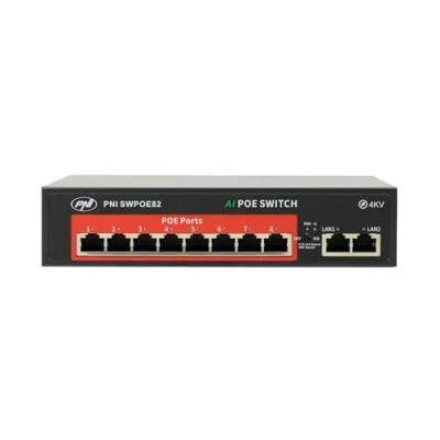 Image de Switch POE PNI SWPOE82, 8 Ports 100 Mbps et 2 UP Link Mbps, 120 W, Fonction AI Extend Jusqu’à 250 m, Protection Contre la Foudre 4 KV