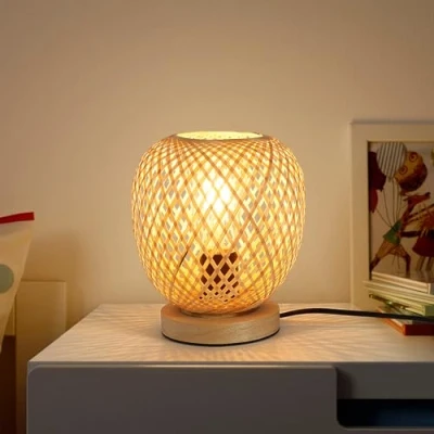Image de Bambou Tressé Lampe De Chevet, BohèMe Bureau Base En Bois Faite à La Main CréAtive E27 DéCorative Pour Chambre Coucher Salle Manger FêTe Mariage IntéRieur Ou ExtéRieur
