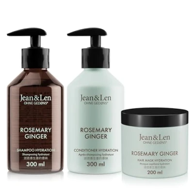 Image de Jean &amp; Len Coffret de soins capillaires Rosemary Ginger pour cheveux secs et ternes, shampooing hydratant, après soin capillaire, sans parabènes ni silicones, 2 x 300 ml + 1 200