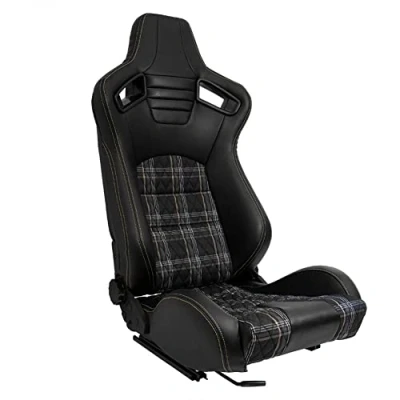 Image de Siège baquet &#039;GT&#039; Simili Cuir Noir + Tissu en motif à carreaux Jaune Surpiqûres Dossier régable incl. glissières