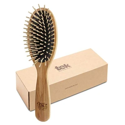 Image de TEK Grande Brosse Ovale à Picots Réguliers en Bois de Frêne, Fabriqué la Main Italie, pour tous les Types Cheveux 22 x 6 cm