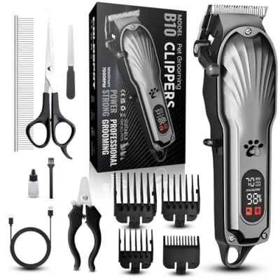 Image de tondeuse professionnelle pour poils épais, animaux de compagnie chiens, sans fil, écran LED, rechargeable à faible bruit avec kits toilettage d&#039;ongles