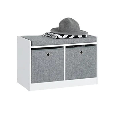 Image de SoBuy FSR65 K DG Banc de Rangement Coffre à Jouets avec 2 Paniers et Coussin Rembourré Meuble d&#039;Entrée Commode Chaussures Blanc/Gris Lxlxh 68x32x45cm