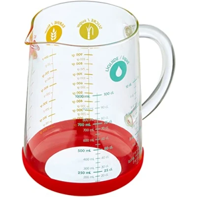 Image de Pebbly Verre Mesureur en 1L Avec Base Silicone Antidérapante et Bec Verseur 4 Mesures de Liquides (ml, cl, dl, L) Facilite les Conversions Matériaux Naturels