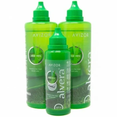 Image de Avizor Alvera Solution pour Lentilles avec Aloe Vera Pack 2x350ml + Flacon 100ml Idéal les Voyages Nettoyage et Désinfection des Tous Types de Contact Souples