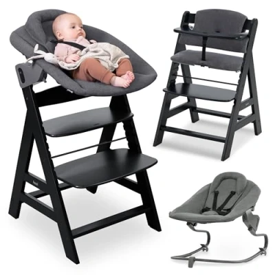 Image de hauck Chaise Haute Bébé Alpha Plus Newborn Set Premium Évolutive avec Transat Inclinable Extra Plat, Coussin d’Assise et Réducteur en Coton Noir