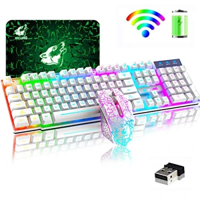 Image de Souris sans Fil avec rétroéclairage Arc en Ciel 2,4 G Fonction Mécanique Rechargeable 104 Touches Clavier Gaming + 2400 DPI 6 Boutons Optique Rainbow LED Mouse Tapis de pour PC