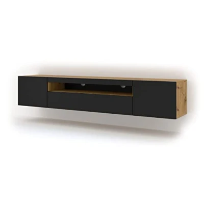Image de Lowboard Aura Armoire TV, 200 cm, à suspendre ou poser, basse, buffet, meuble HiFi, table, (chêne artisanal et noir mat avec LED)
