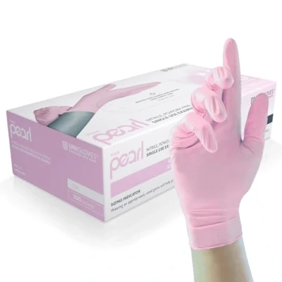 Image de Unigloves Pink Pearl gants d&#039;examen en nitrile jetables polyvalents, sans poudre et latex boîte de 100 gants, rose, taille M (GP0053)
