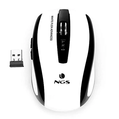 Image de NGS Flea Advanced White Souris sans Fil 2.4GHz, USB pour Ordinateur ou Laptop avec 5 Boutons et Scroll, 800/1600dpi, Blanc Noir