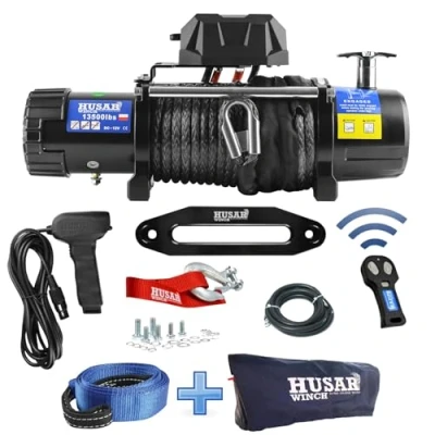 Image de Husar Winch Treuil électrique 12V, 13500 lbs 6124 kg, câble synthétique solide de 26 mètres long, commande sans fil, frein à friction, engrenage planétaire idéal pour véhicules tout terrain, 4x4
