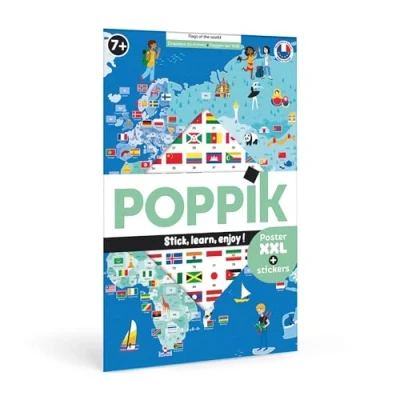 Image de POPPIK 1841223 Drapeaux Poster éducatif interactif avec Autocollants Carte du Monde multilingue pour Enfants à partir de 7 Ans 68 x 100 cm