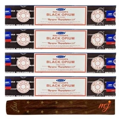 Image de Satya Nag Champa Lot de 4 bâtons d&#039;encens à l&#039;opium noir avec porte encens M&amp;J pour aromathérapie, spa, yoga, mariages, méditation, guérison, positivité et relaxation