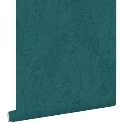 Image de papier peint feuilles dessinées bleu canard 0,53 x 10,05 m ESTAhome
