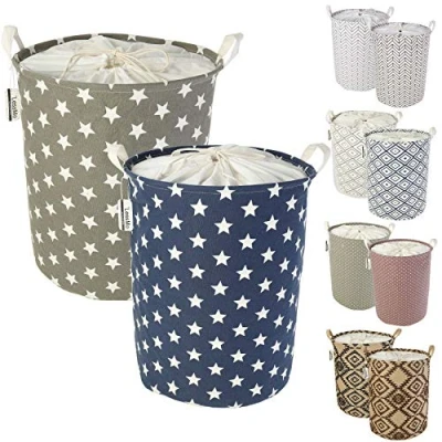 Image de LessMo Trieuse de rangement pour panier à linge avec cordon serrage, paniers escamotables escamotables, lin coton rond imperméable, [2PCS, épaissi 19.7 &quot;/ Large]